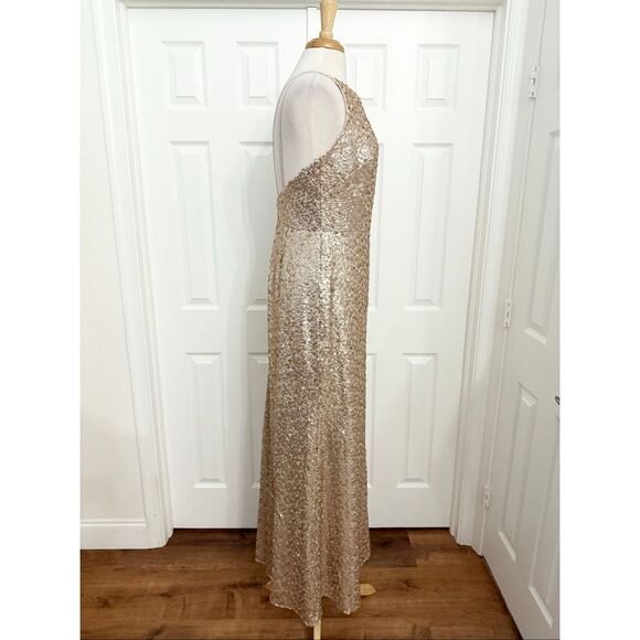 Dessy Collection Elle Rose Gold Strappy Sequined Low Back Long Gown Dress 10 - Picture 2 of 6